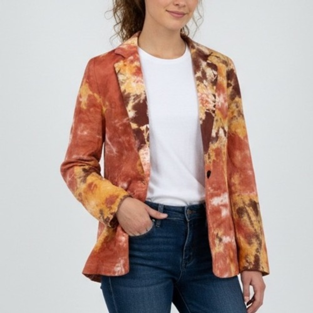 TINA‎ JO Tie Dye Linen Blend Blazer Jacket Orange Brown White Size S